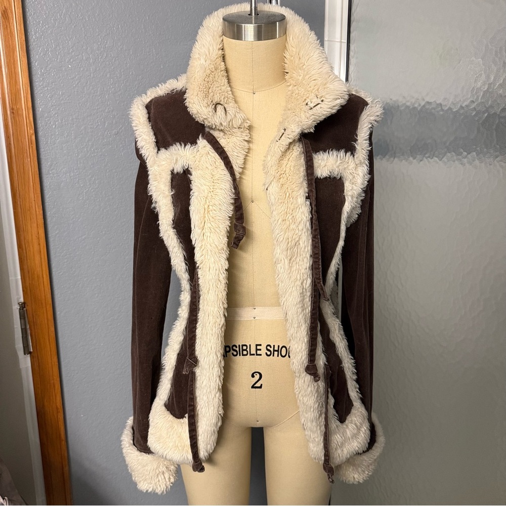 Twill Twenty Two 22 Brown Jacket Cream Fur Sherpa Shearling Penny Lane Y2K M - Picture 3 of 7